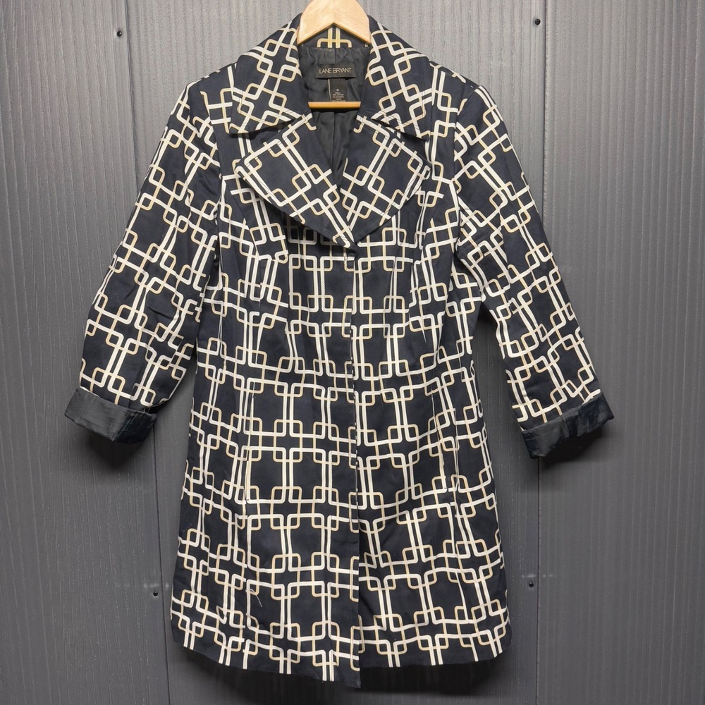 Lane Bryant Black Tan White Geometric Print Trench Coat Jacket Women's Size 16